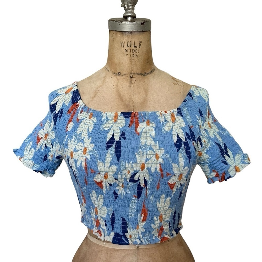 Angie smocked blue floral off the shoulder cropped top size small
